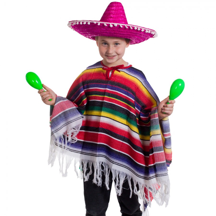 Childs Mexican Poncho and Pom Pom Sombrero