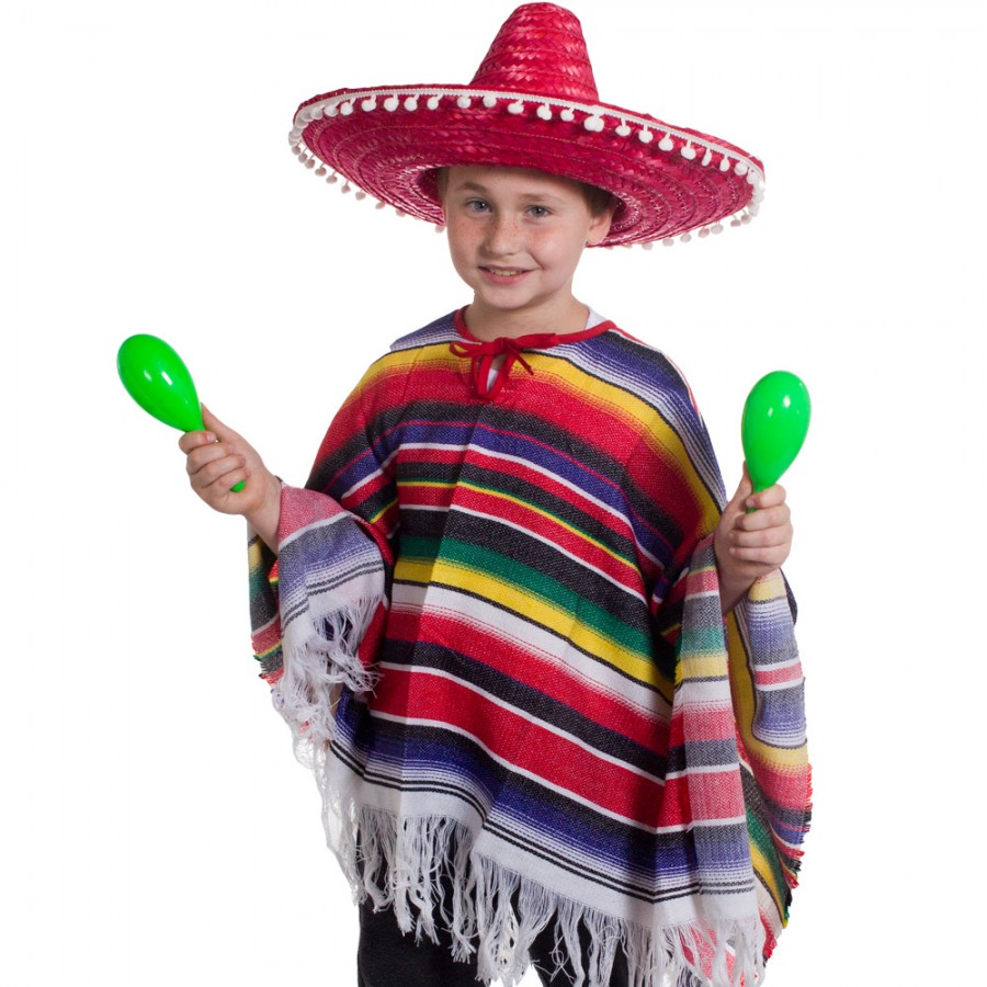 Childs Mexican Poncho And Pom Pom Sombrero