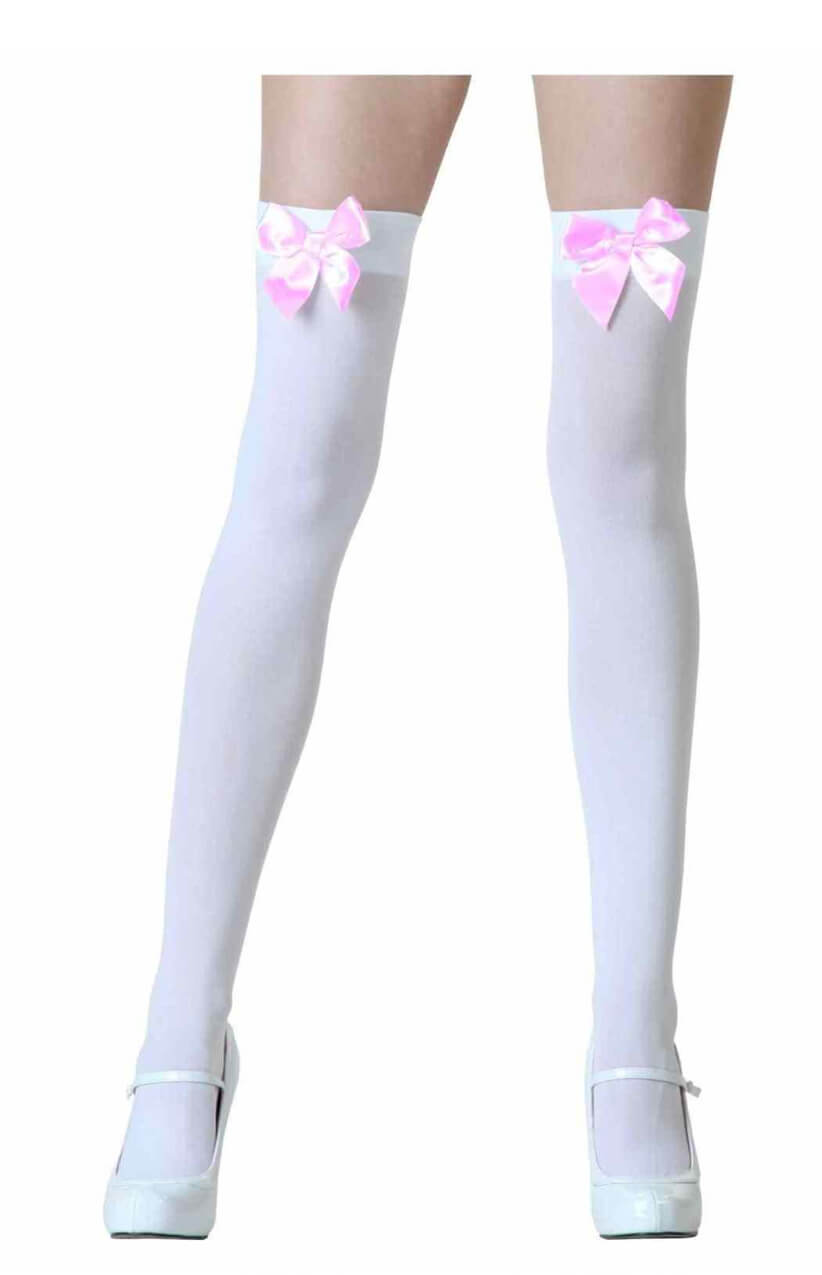 White Stockings with HOT Pink Bows Ladies Fancy Dress Fairy Tale Costume 