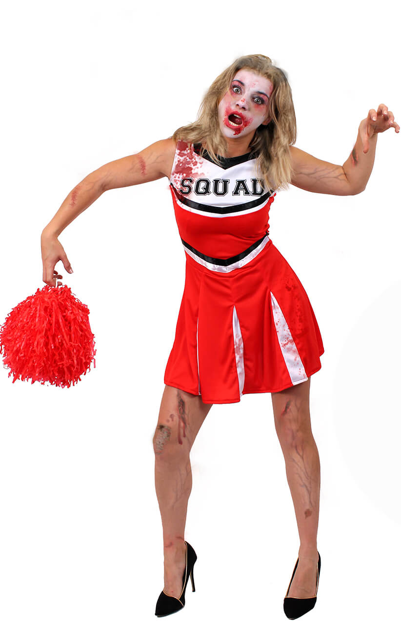 Ladies Red Zombie Cheerleader Halloween Fancy Dress Costume - I Love ...
