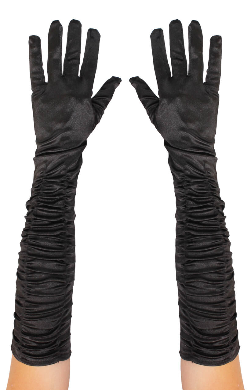 Long Black Gloves - Satin Ruched - I Love Fancy Dress