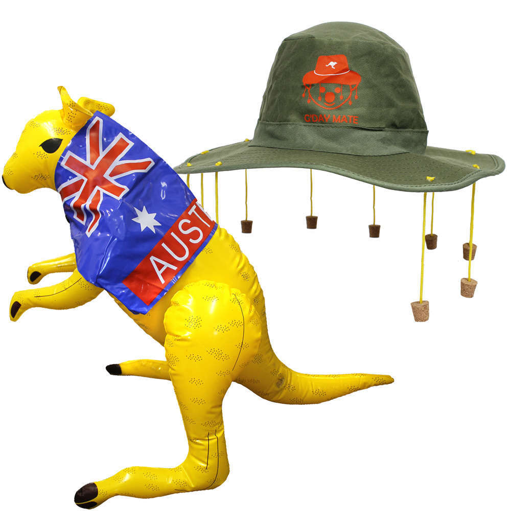 Australian Cork Hat + Inflatable Kangaroo Set - I Love Fancy Dress