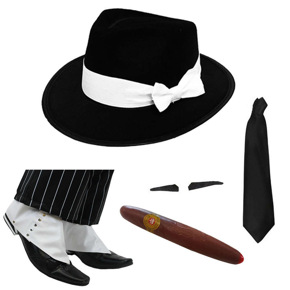 Gangster Fancy Dress Set - Black Hat White Band - I Love Fancy Dress