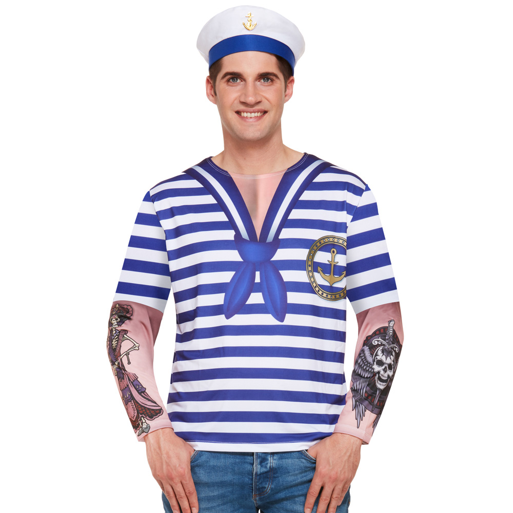 WickedFun Mens Stripped Top Shirt Stag Do Navy Sailor Fancy Dress Short Sleeve Cotton Stripe T-Shirts