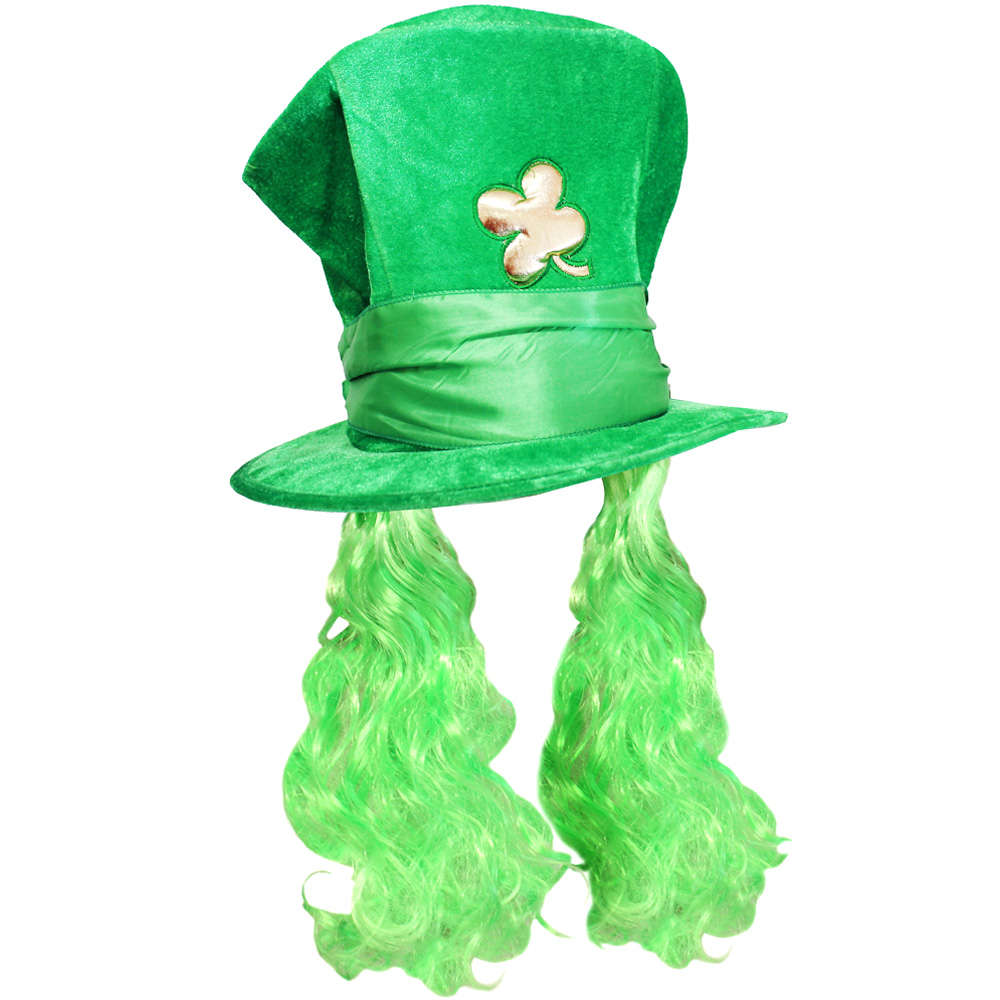 IRISH TOP HAT 4 LEAF CLOVER AND HAIR IRELAND ST PATRICKS DAY FANCY DRESS LOT 
