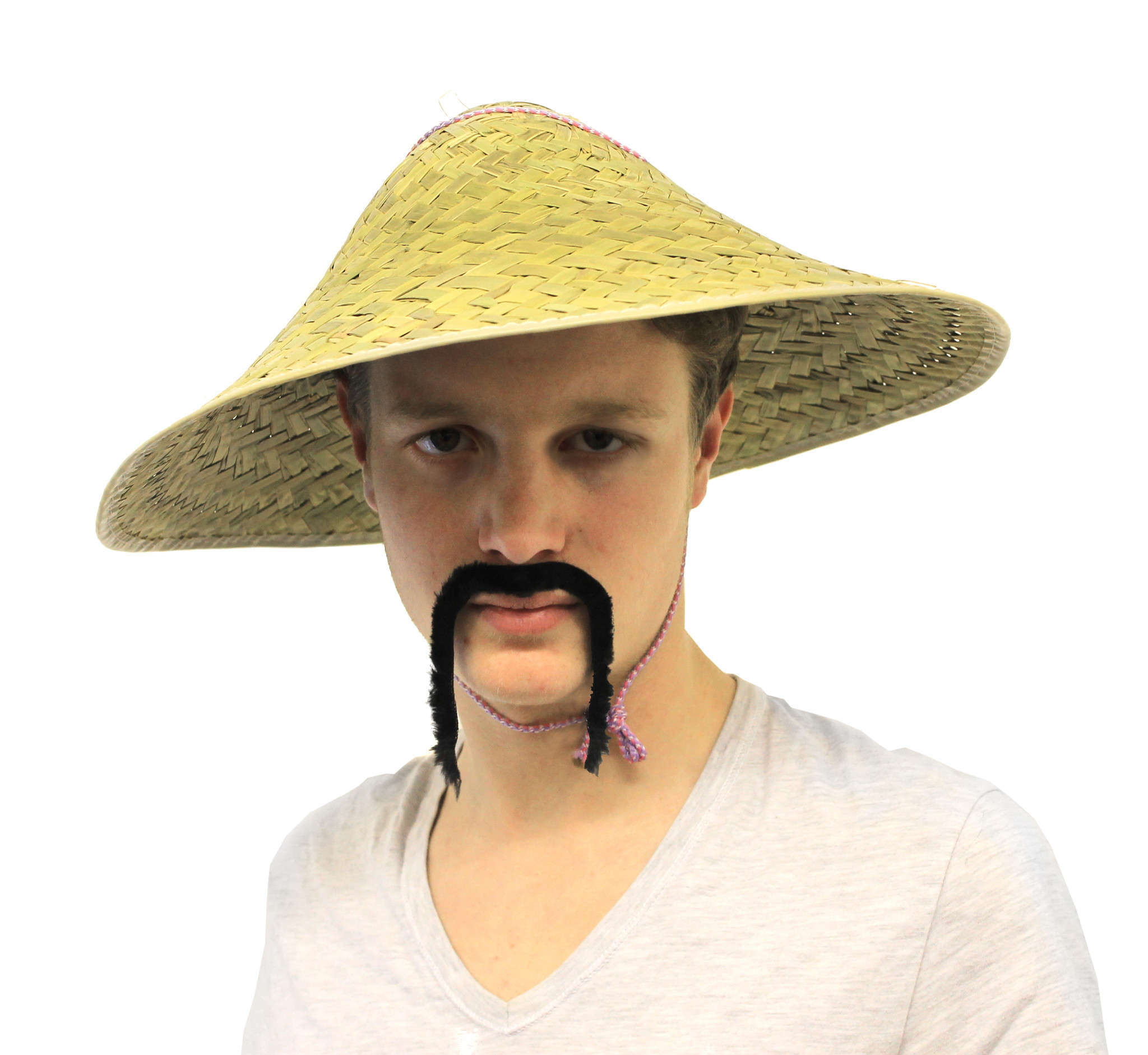 Moustache Fancy Dress Chinese China Coolie Straw Hat 