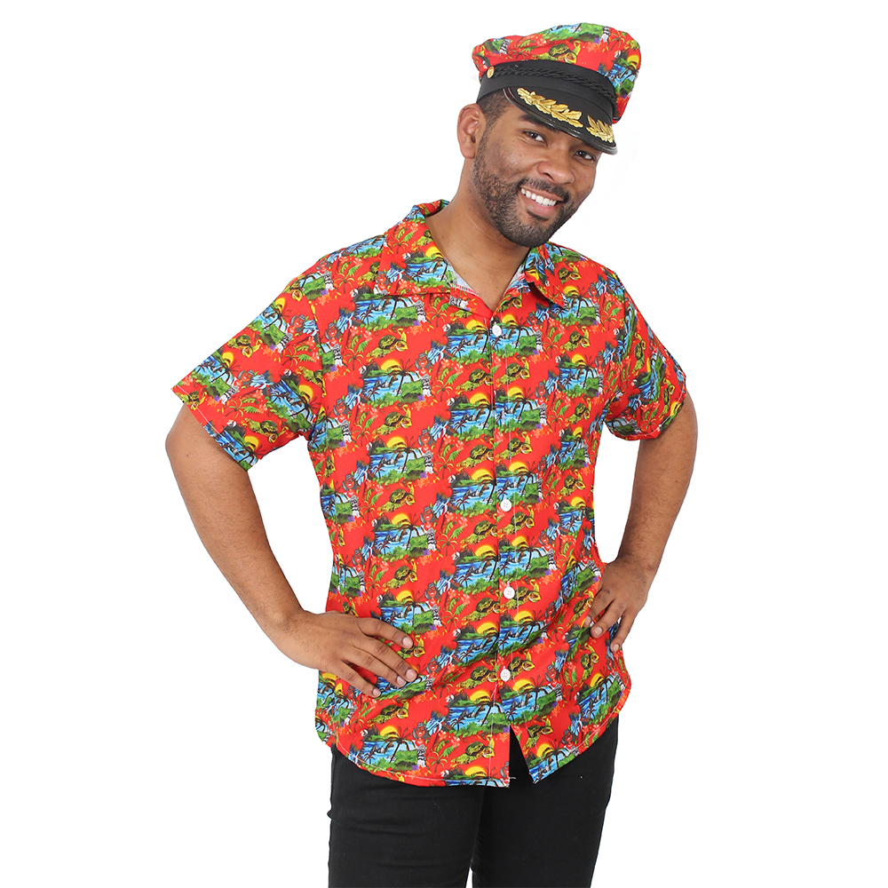 MENS HAWAIIAN CAPTAIN COSTUME SHIRT AND HAT SUMMER TROPICAL FANCY DRESS PARTY 
