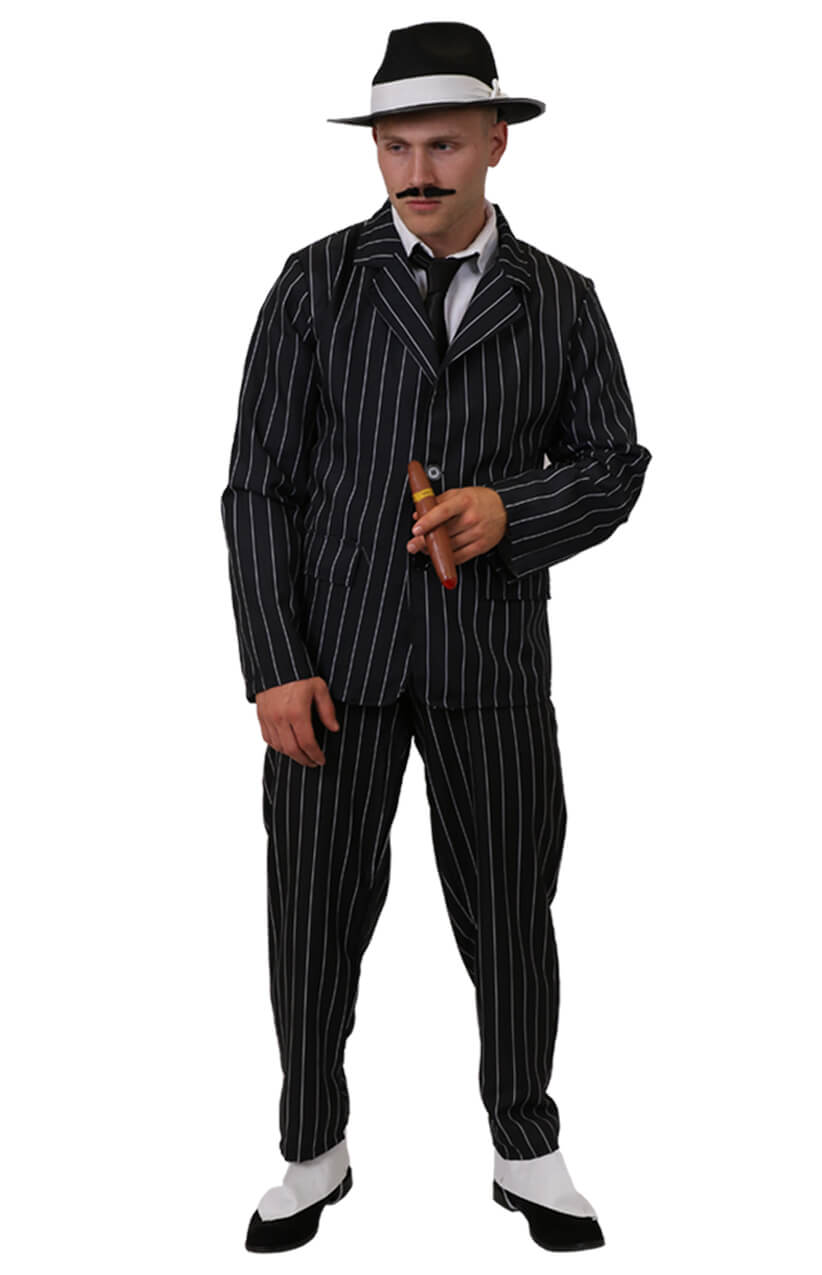 ILOVEFANCYDRESS ADULT 1920s GANGSTER FANCY DRESS COSTUME FOR MEN BLACK TIE PINSTRIPE SUIT JACKET & TROUSERS BLACK TRILBY WITH WHITE BAND+ CIGAR SPIV MOUSTACHE SMALL 