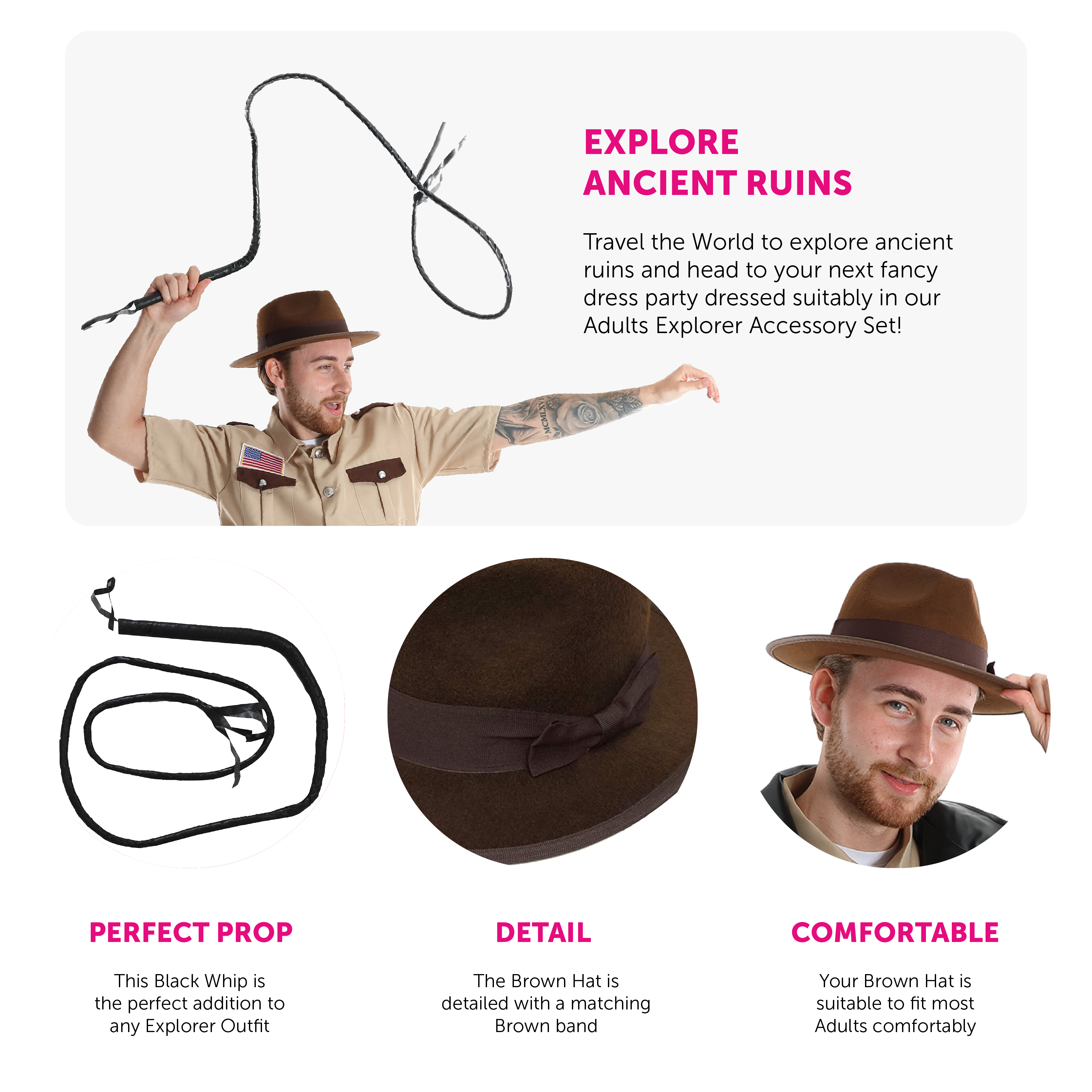 Indiana Jones Explorer Hat and Bull Whip Mens Fancy Dress Costume
