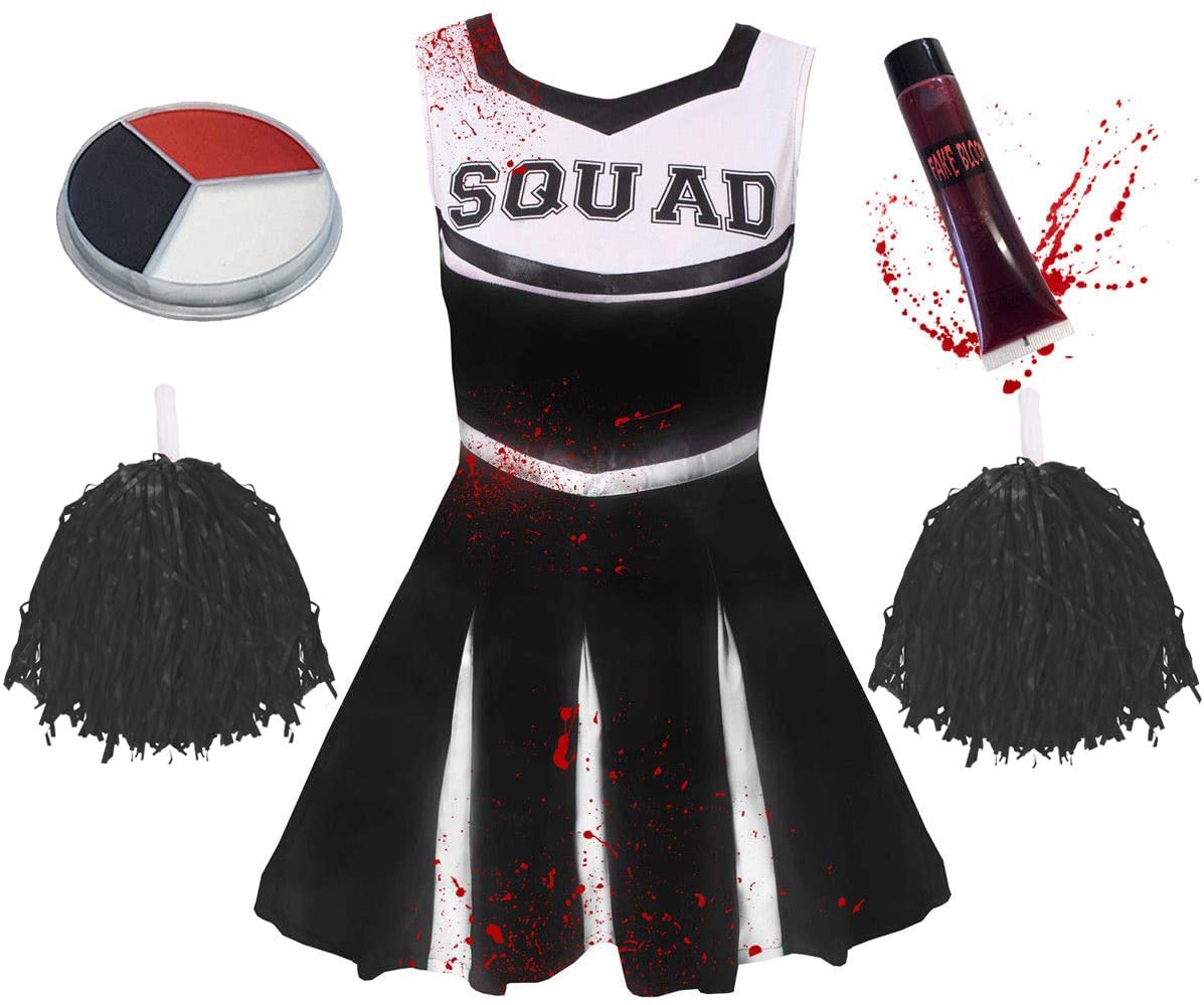 Deluxe Girls Black Zombie Cheerleader Halloween Fancy Dress Costume - I ...