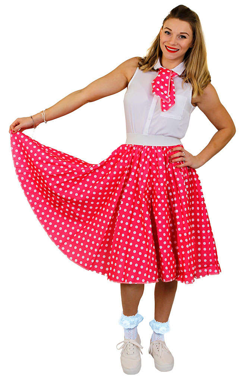 Ladies Long Polka Dot Skirt - Hot Pink with White Spots - I Love Fancy ...