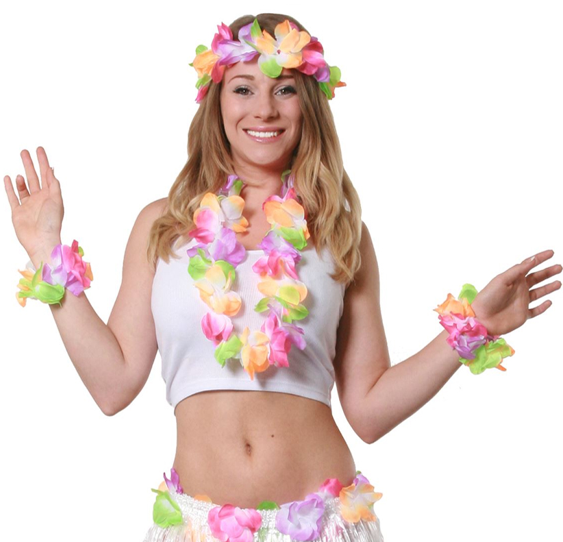 Pink Hawaiian Hula Skirt Short 46cm & Flower Trim Ladies Fancy Dress Hawaii 