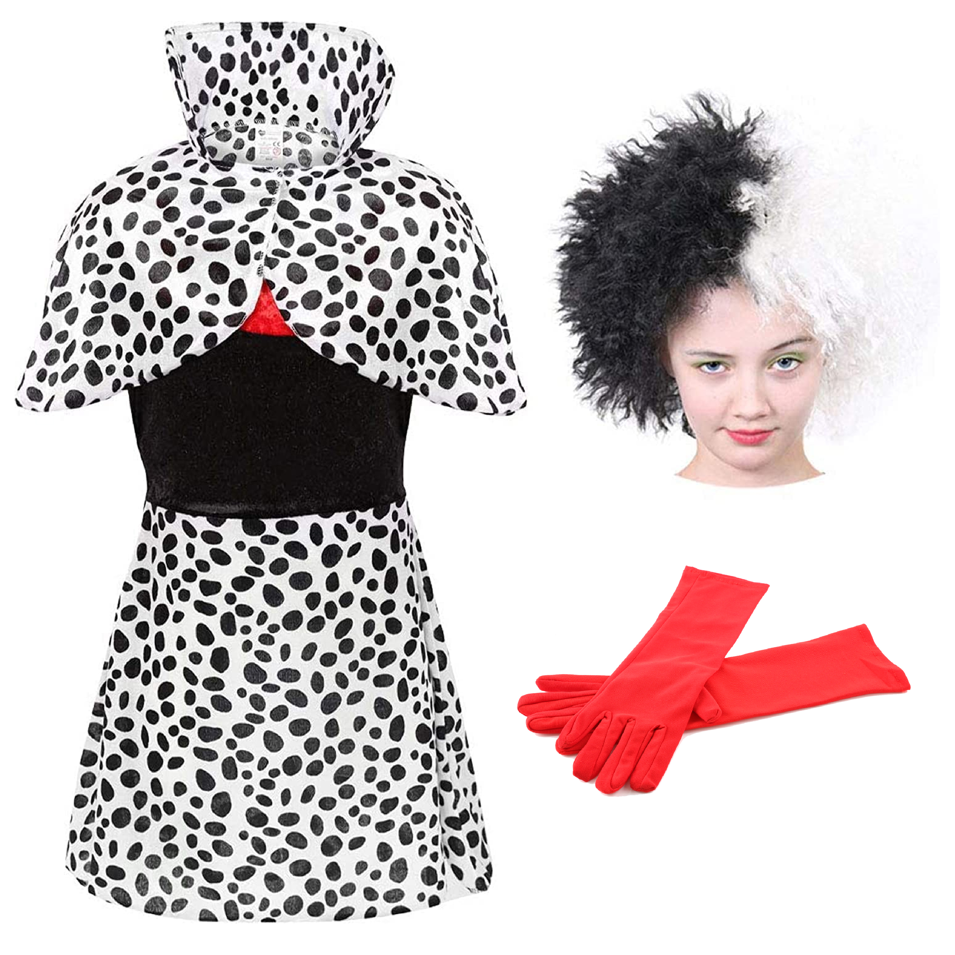 LONG BLACK DRESS EVIL DOG LADY FANCY DRESS COSTUME HALF BLACK HALF WHITE WIG CHARACTERS SIZE: X-SMALL UK 6-8 DOG LADY CAPE PERFECT FOR HALLOWEEN 