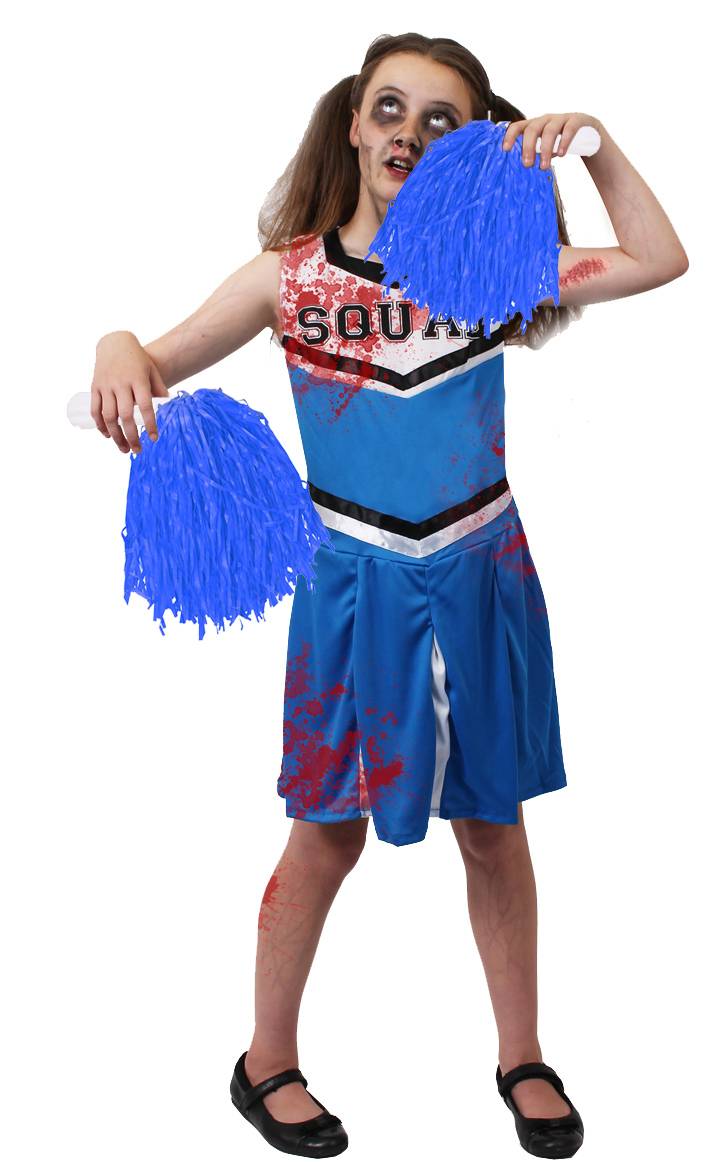 Girls Blue Zombie Cheerleader Halloween Fancy Dress Costume with Pom ...