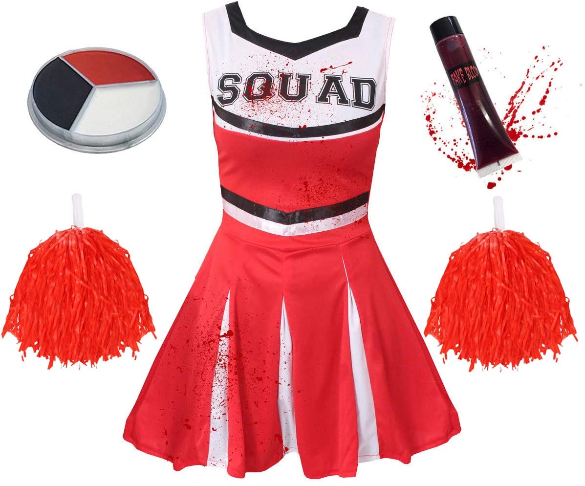 Deluxe Girls Red Zombie Cheerleader Halloween Fancy Dress Costume I